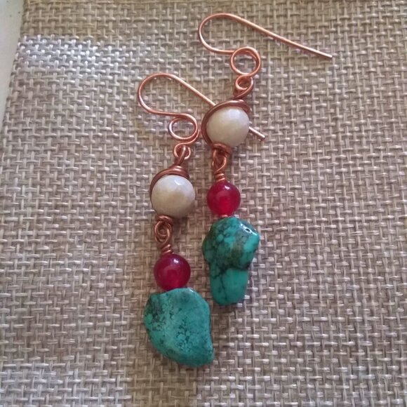 One-of-a-Kind! Beaded + Wire Wrapped Dangle Earrings! Turquoise Red Cream Copper - Picture 1 of 12